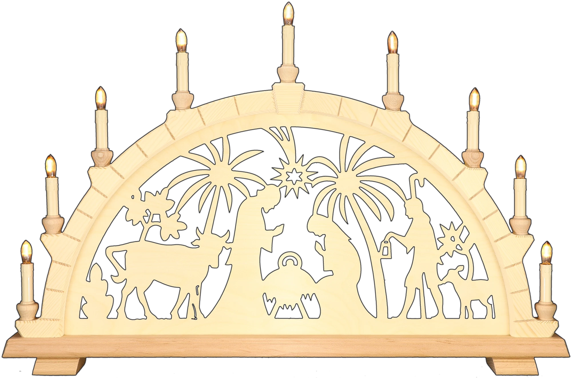 Schwibbogen groß - Christliches Motiv mit 2 Palmen Erzgebirge - Breite 74cm - mit LED Licht, warmweiß