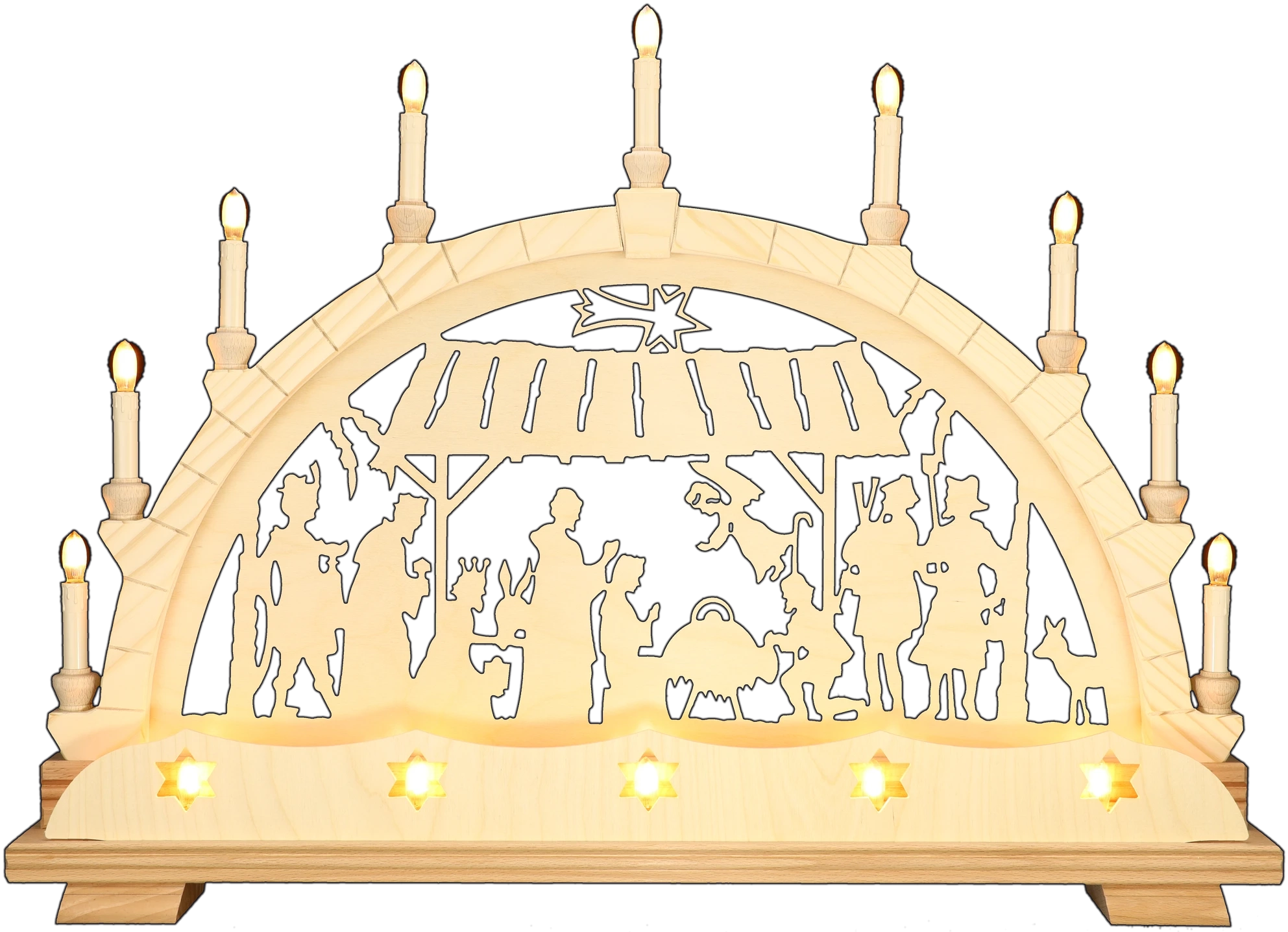 Schwibbogen groß - mit Vorderbeleuchtung - Christliches Motiv mit Stall Erzgebirge - Breite 70cm - mit LED Licht, warmweiß