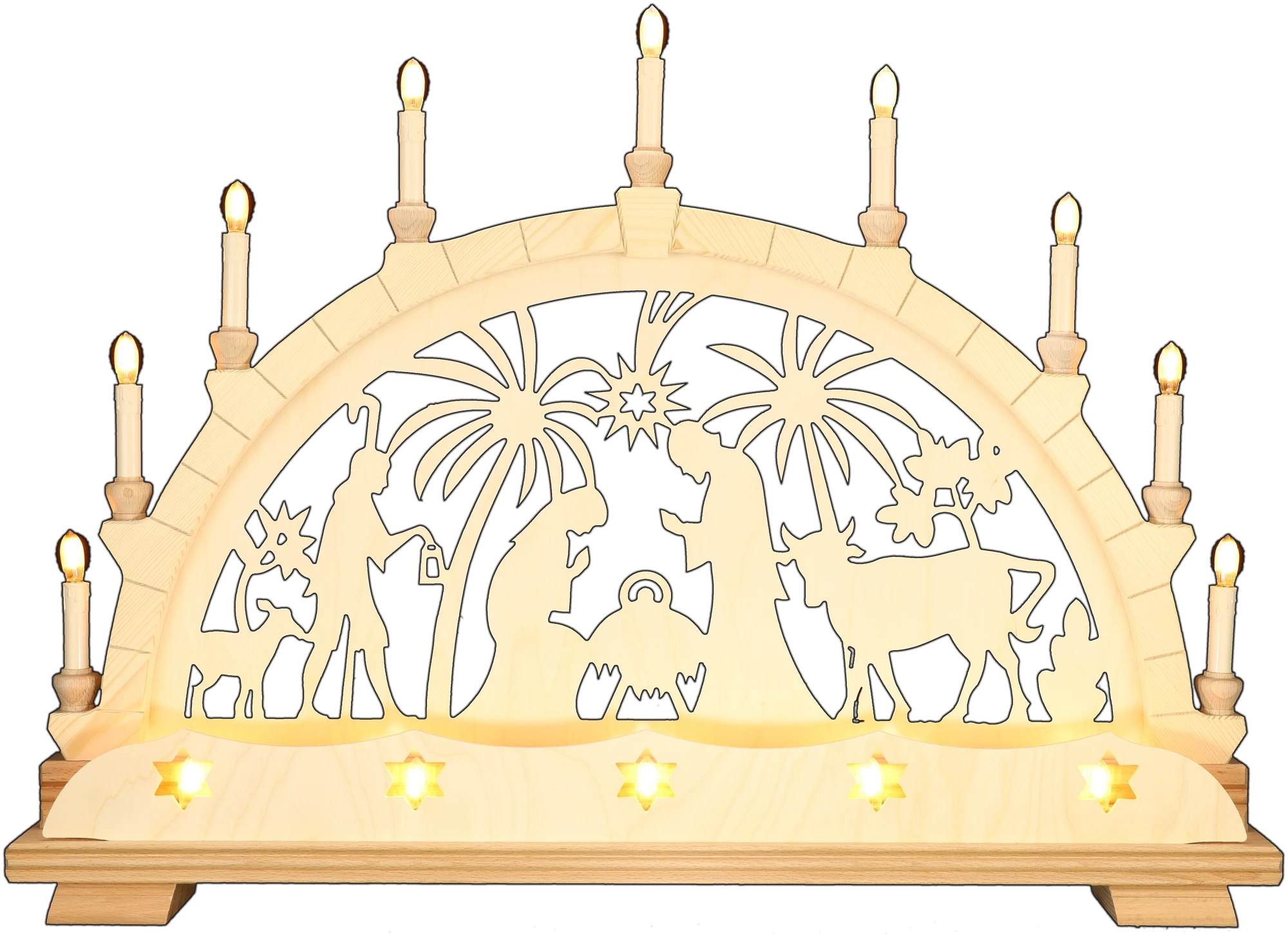 Schwibbogen groß - mit Vorderbeleuchtung - Christliches Motiv mit Palmen Erzgebirge - Breite 70cm - mit LED Licht, warmweiß