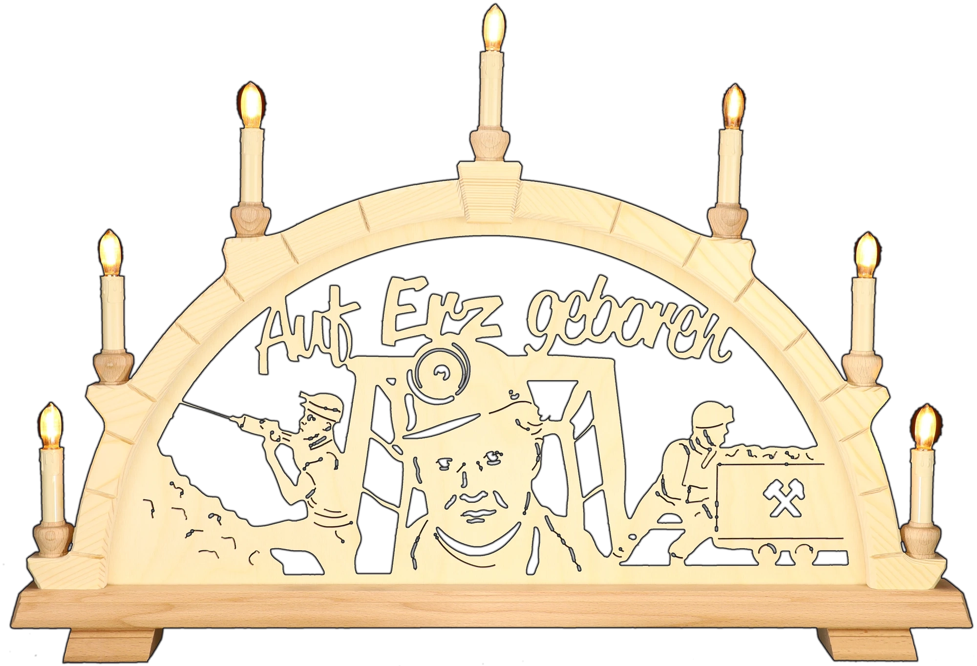Schwibbogen mittelgroß - Motiv Auf Erz geboren Erzgebirge - Breite 62cm - mit LED Licht, warmweiß