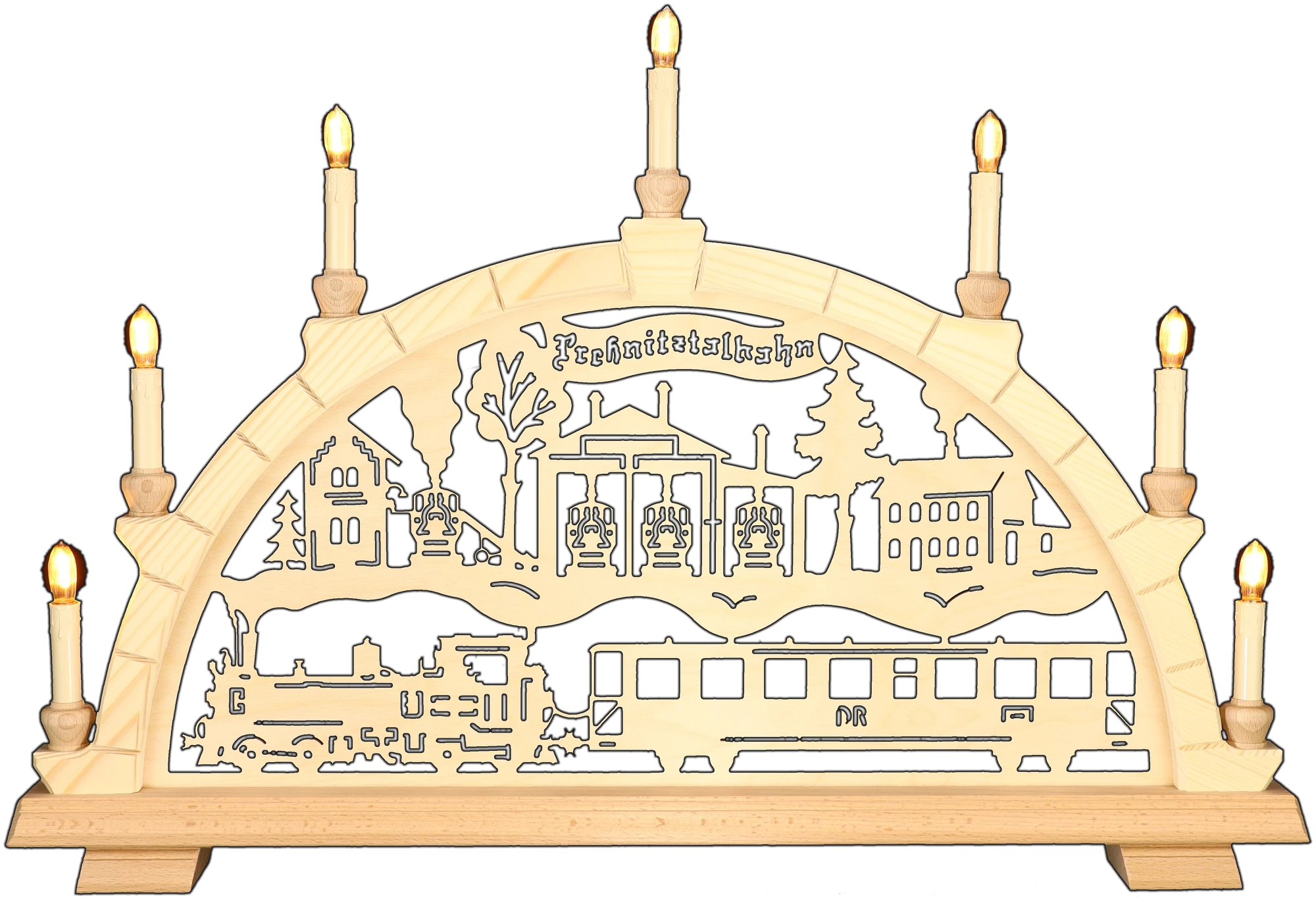 Schwibbogen mittelgroß - Motiv Preßnitztalbahn IV-K-Lok Erzgebirge - Breite 62cm - mit LED Licht, warmweiß