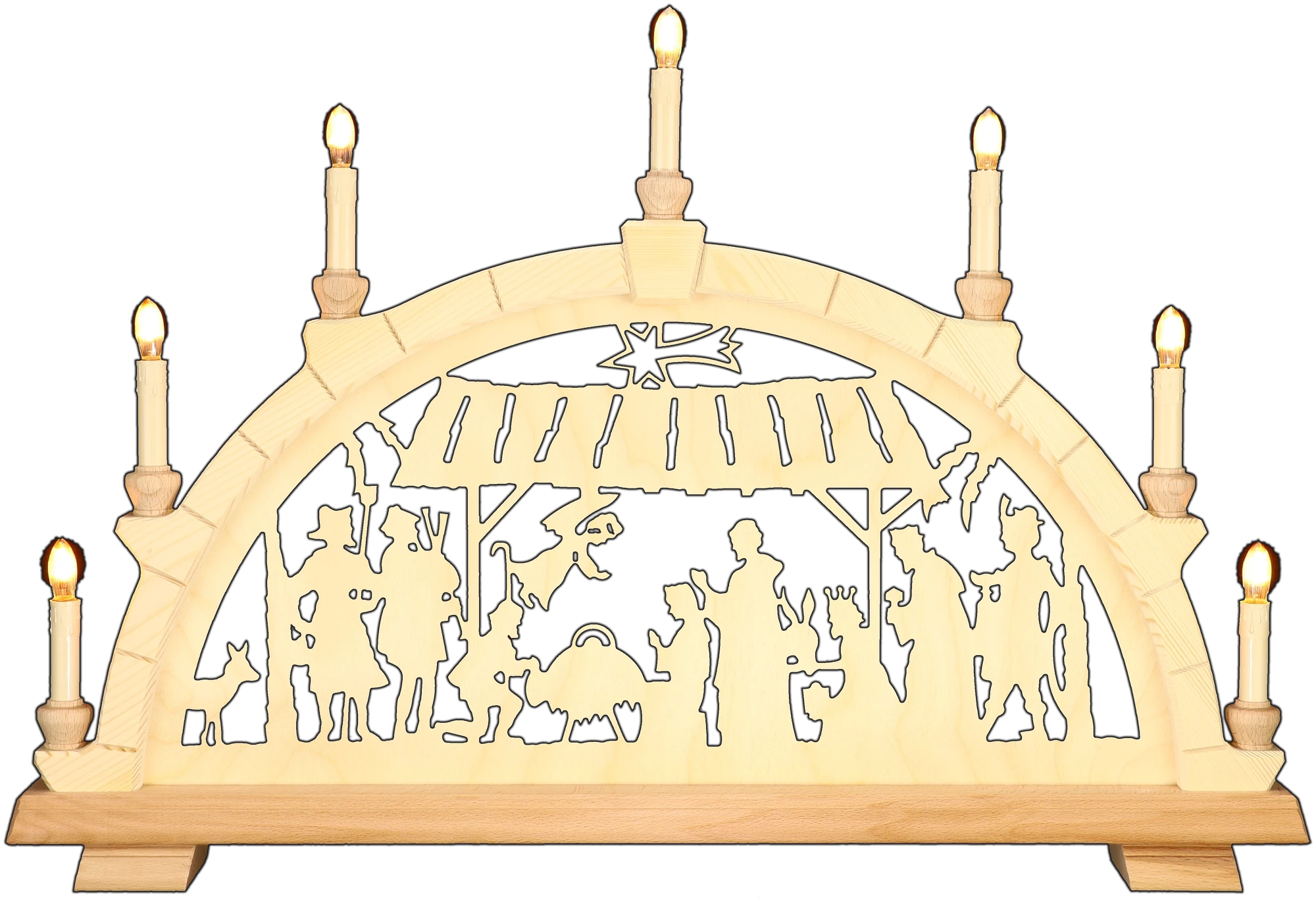 Schwibbogen mittelgroß - Christliches Motiv mit Stall Erzgebirge - Breite 62cm - mit LED Licht, warmweiß
