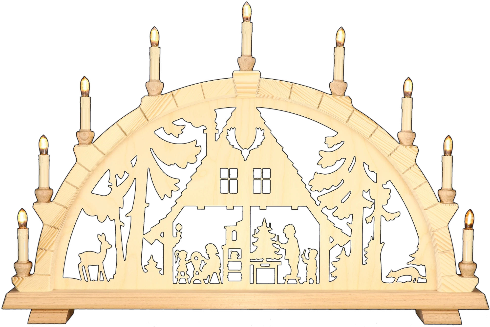 Schwibbogen groß - Motiv Waldhaus Erzgebirge - Breite 74cm - mit LED Licht, warmweiß