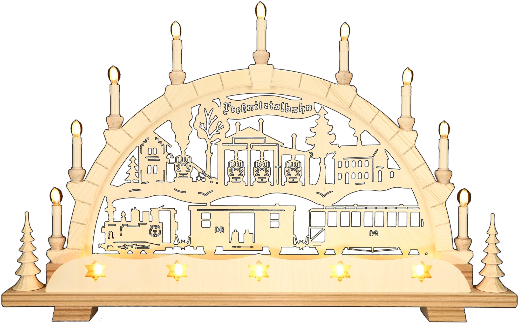 Schwibbogen groß - mit Vorderbeleuchtung - Motiv Preßnitztalbahn I-K-Lok Erzgebirge - Breite 82cm - mit LED Licht, warmweiß