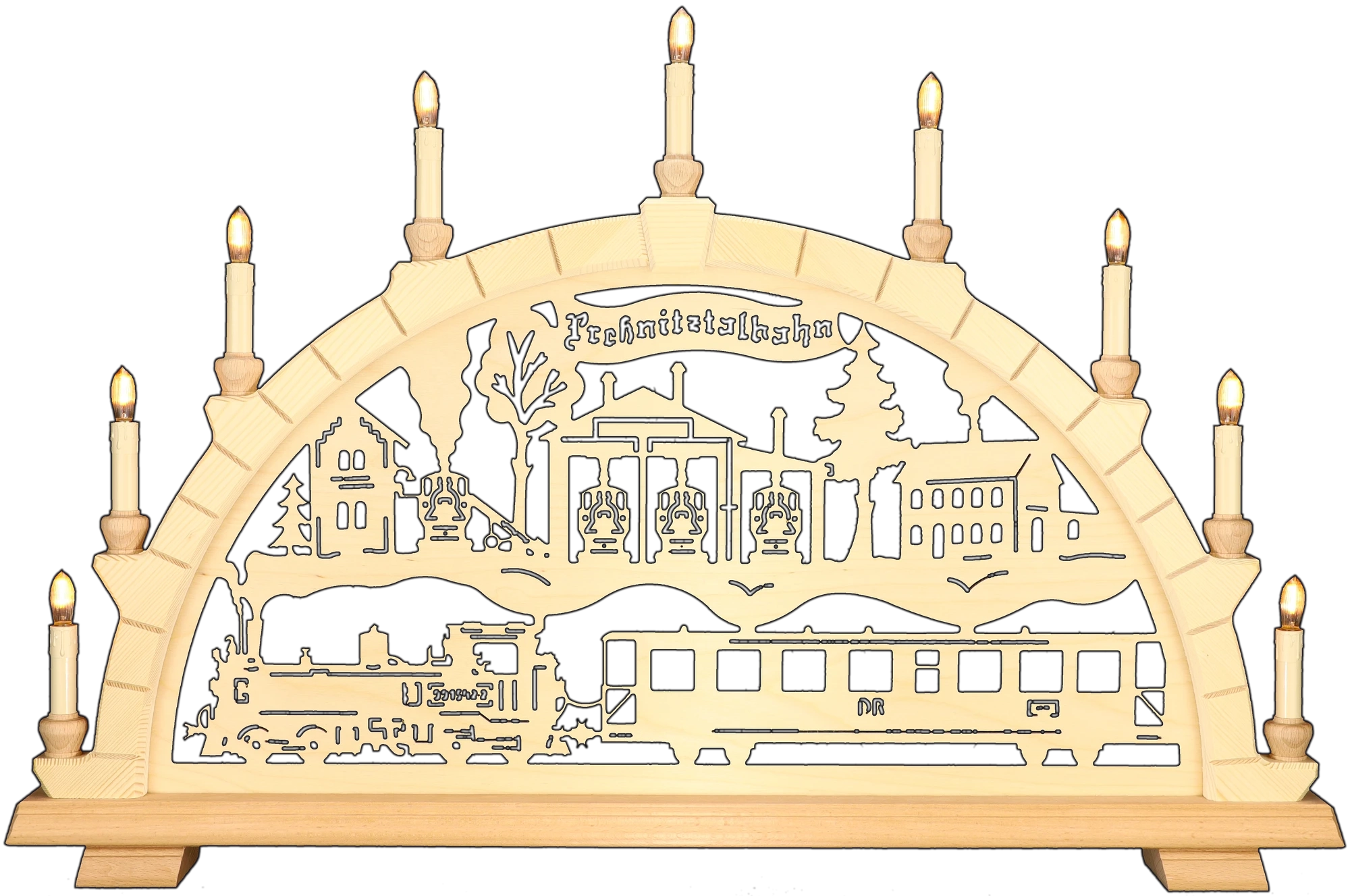 Schwibbogen groß - Motiv Preßnitztalbahn IV-K-Lok Erzgebirge - Breite 74cm - mit LED Licht, warmweiß