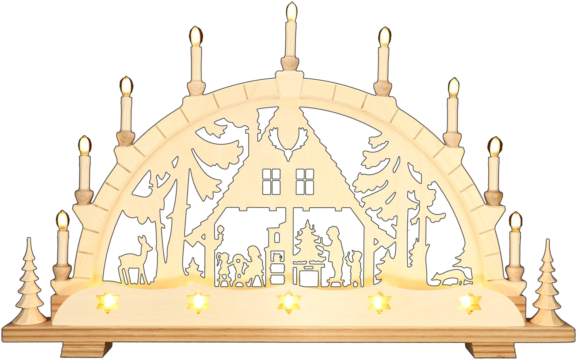Schwibbogen groß - mit Vorderbeleuchtung - Motiv Waldhaus Erzgebirge - Breite 82cm - mit LED Licht, warmweiß