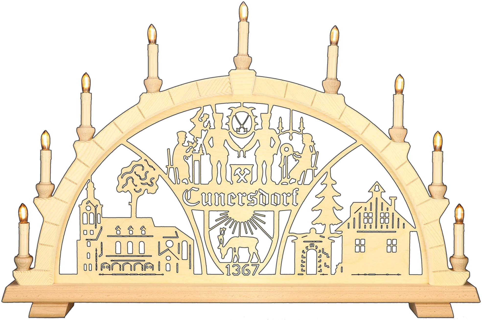 Schwibbogen groß - Ortsmotiv Cunersdorf Erzgebirge - Breite 74cm - mit LED Licht, warmweiß