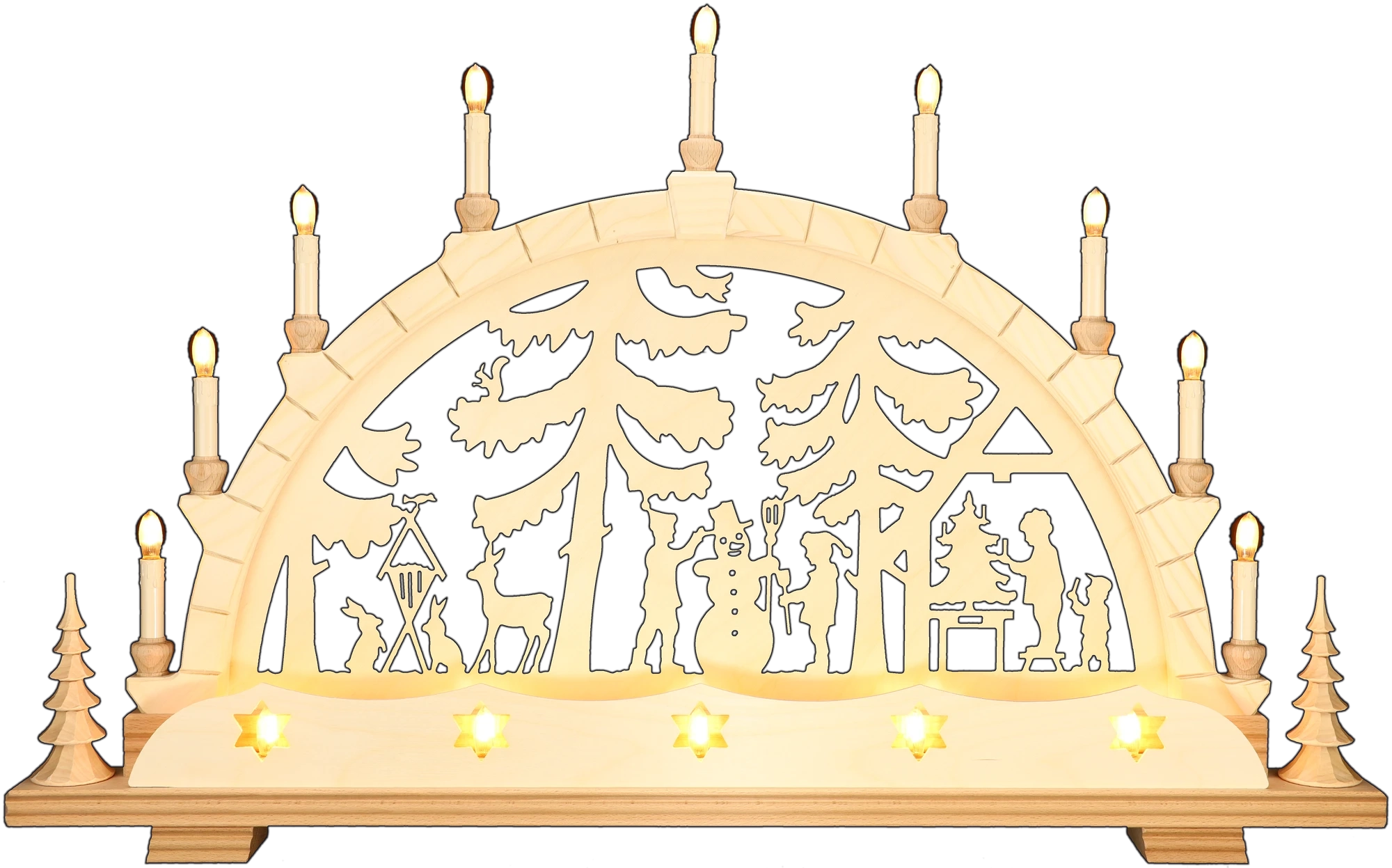Schwibbogen groß - mit Vorderbeleuchtung - Motiv Waldmotiv Erzgebirge - Breite 82cm - mit LED Licht, warmweiß
