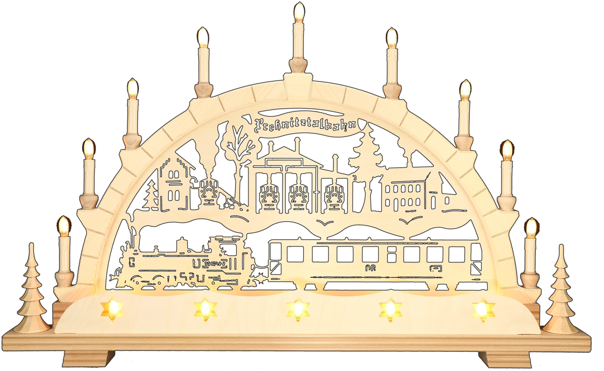 Schwibbogen groß - mit Vorderbeleuchtung - Motiv Preßnitztalbahn IV-K-Lok Erzgebirge - Breite 82cm - mit LED Licht, warmweiß