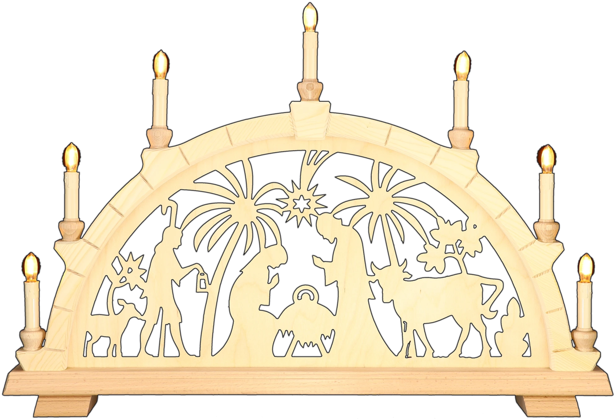 Schwibbogen mittelgroß - Christliches Motiv mit Palmen Erzgebirge - Breite 62cm - mit LED Licht, warmweiß